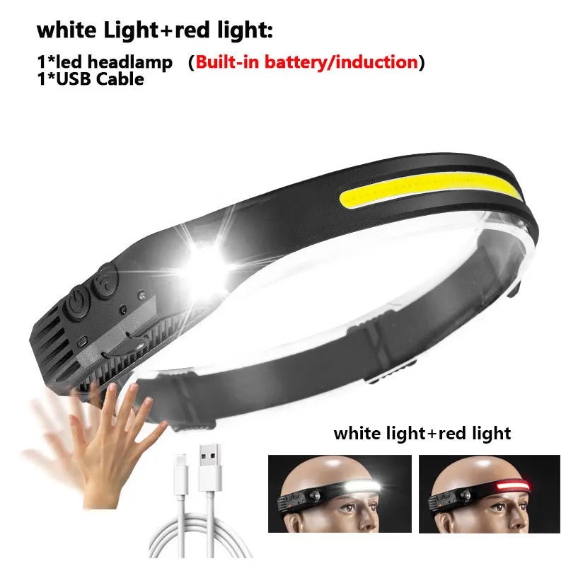 LED+COB Sensor Headlamp USB-C Rechargeable Headlight 10 Modes Built-In Battery Outdoor Induction Work Light  Waterproof Fishing