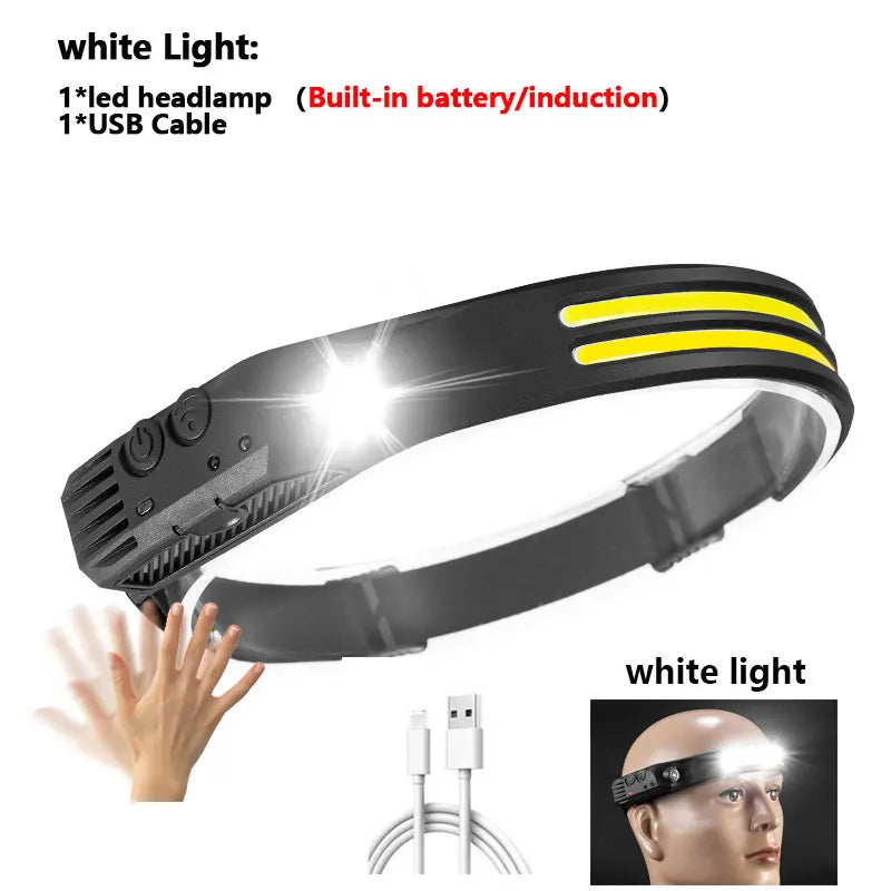LED+COB Sensor Headlamp USB-C Rechargeable Headlight 10 Modes Built-In Battery Outdoor Induction Work Light  Waterproof Fishing