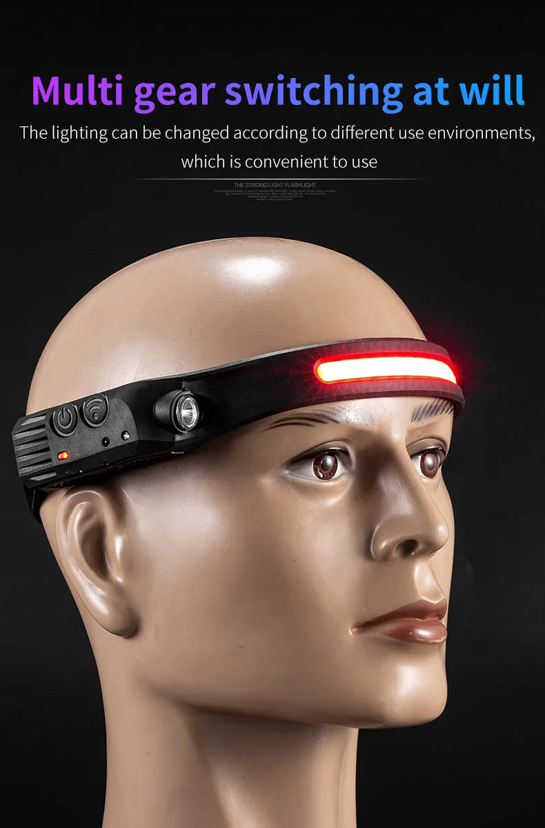 LED+COB Sensor Headlamp USB-C Rechargeable Headlight 10 Modes Built-In Battery Outdoor Induction Work Light  Waterproof Fishing