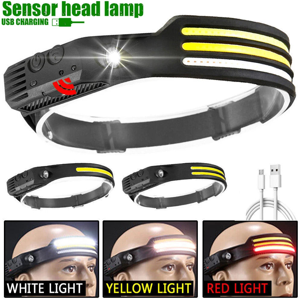 LED+COB Sensor Headlamp USB-C Rechargeable Headlight 10 Modes Built-In Battery Outdoor Induction Work Light  Waterproof Fishing
