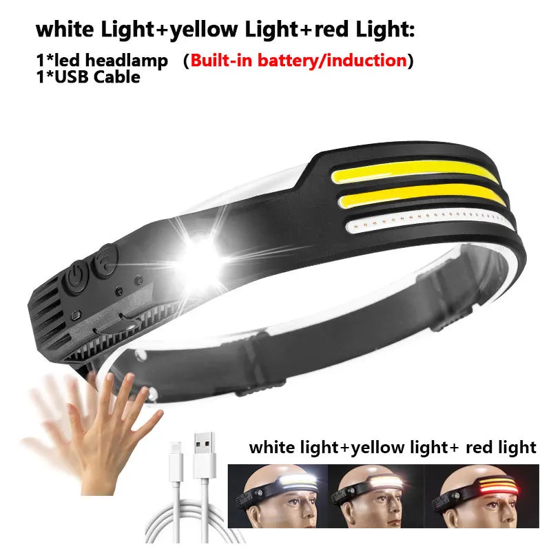 LED+COB Sensor Headlamp USB-C Rechargeable Headlight 10 Modes Built-In Battery Outdoor Induction Work Light  Waterproof Fishing