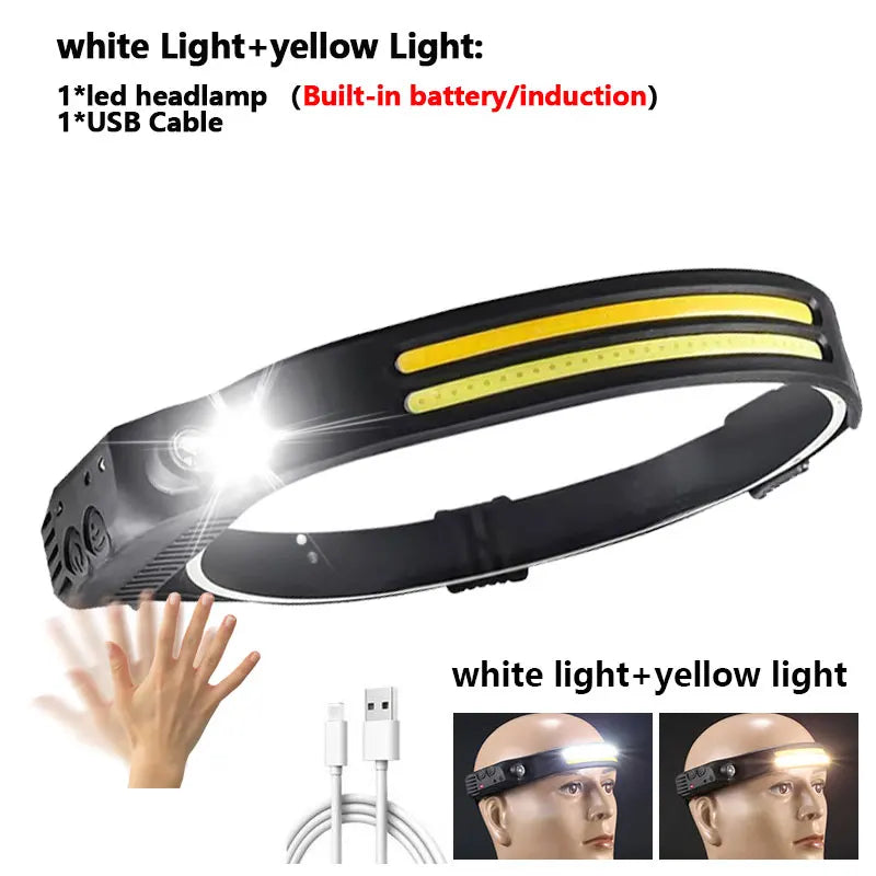 LED+COB Sensor Headlamp USB-C Rechargeable Headlight 10 Modes Built-In Battery Outdoor Induction Work Light  Waterproof Fishing