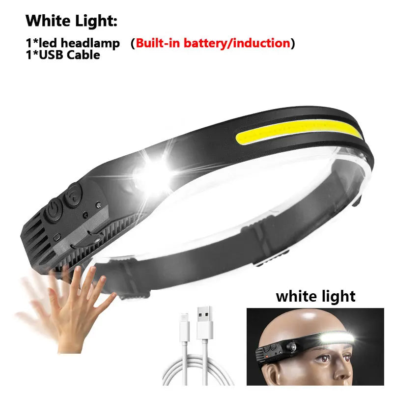 LED+COB Sensor Headlamp USB-C Rechargeable Headlight 10 Modes Built-In Battery Outdoor Induction Work Light  Waterproof Fishing