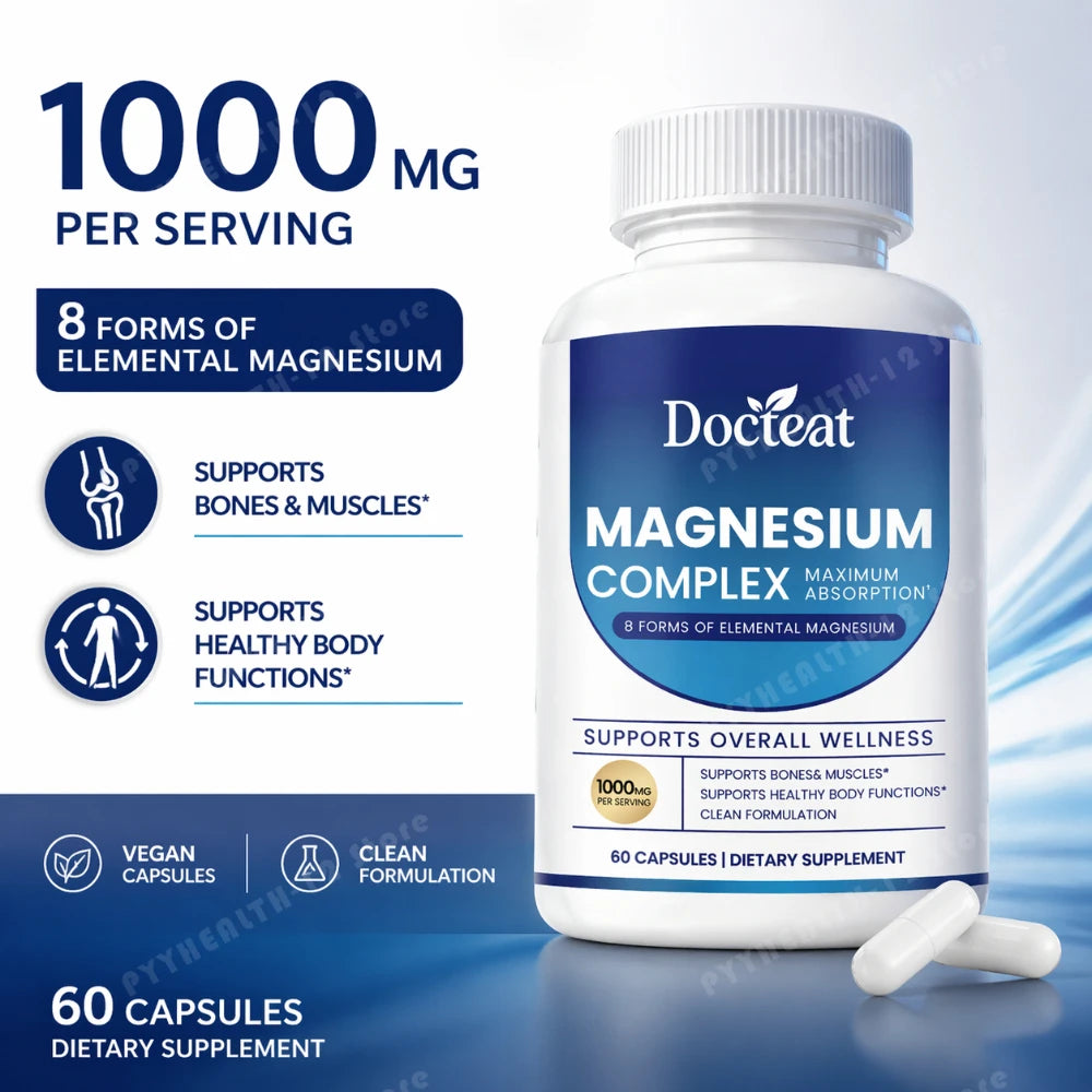 Docteat Magnesium Complex Capsules 1000mg - 8 Forms of Elemental Magnesium for Bones, Muscles & Body Functions, 60 Vegan Count