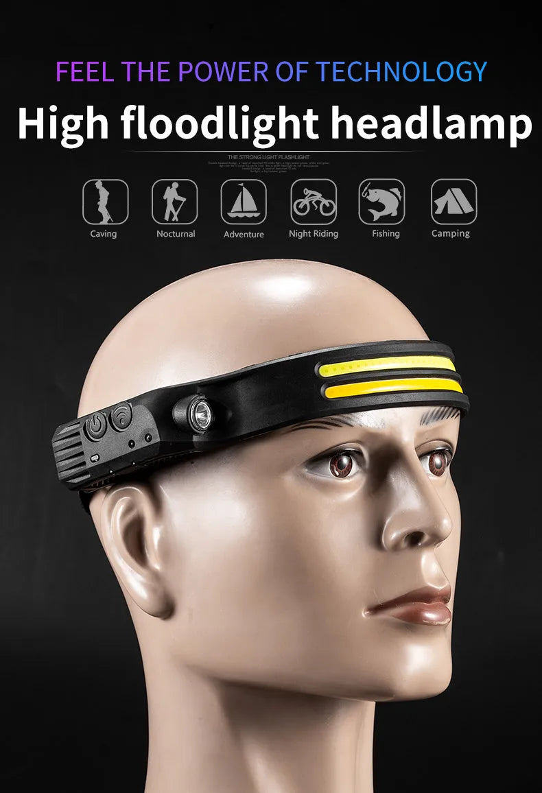 LED+COB Sensor Headlamp USB-C Rechargeable Headlight 10 Modes Built-In Battery Outdoor Induction Work Light  Waterproof Fishing
