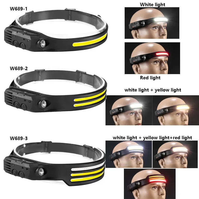 LED+COB Sensor Headlamp USB-C Rechargeable Headlight 10 Modes Built-In Battery Outdoor Induction Work Light  Waterproof Fishing