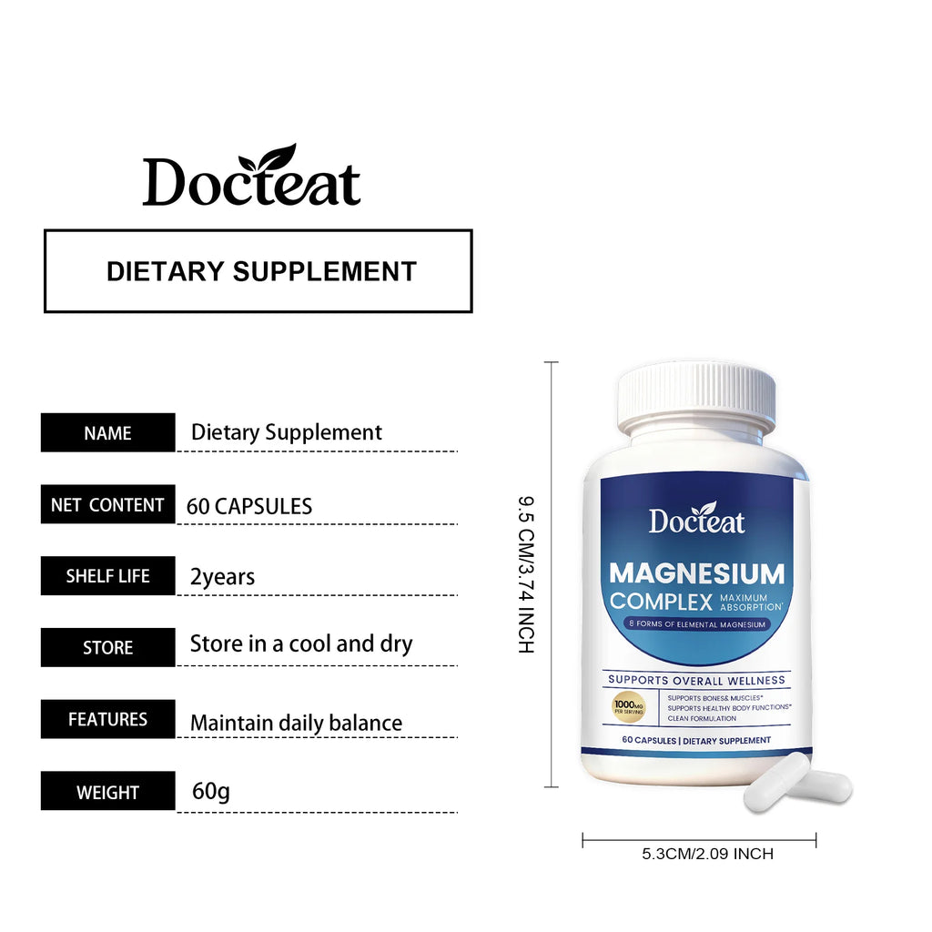 Docteat Magnesium Complex Capsules 1000mg - 8 Forms of Elemental Magnesium for Bones, Muscles & Body Functions, 60 Vegan Count