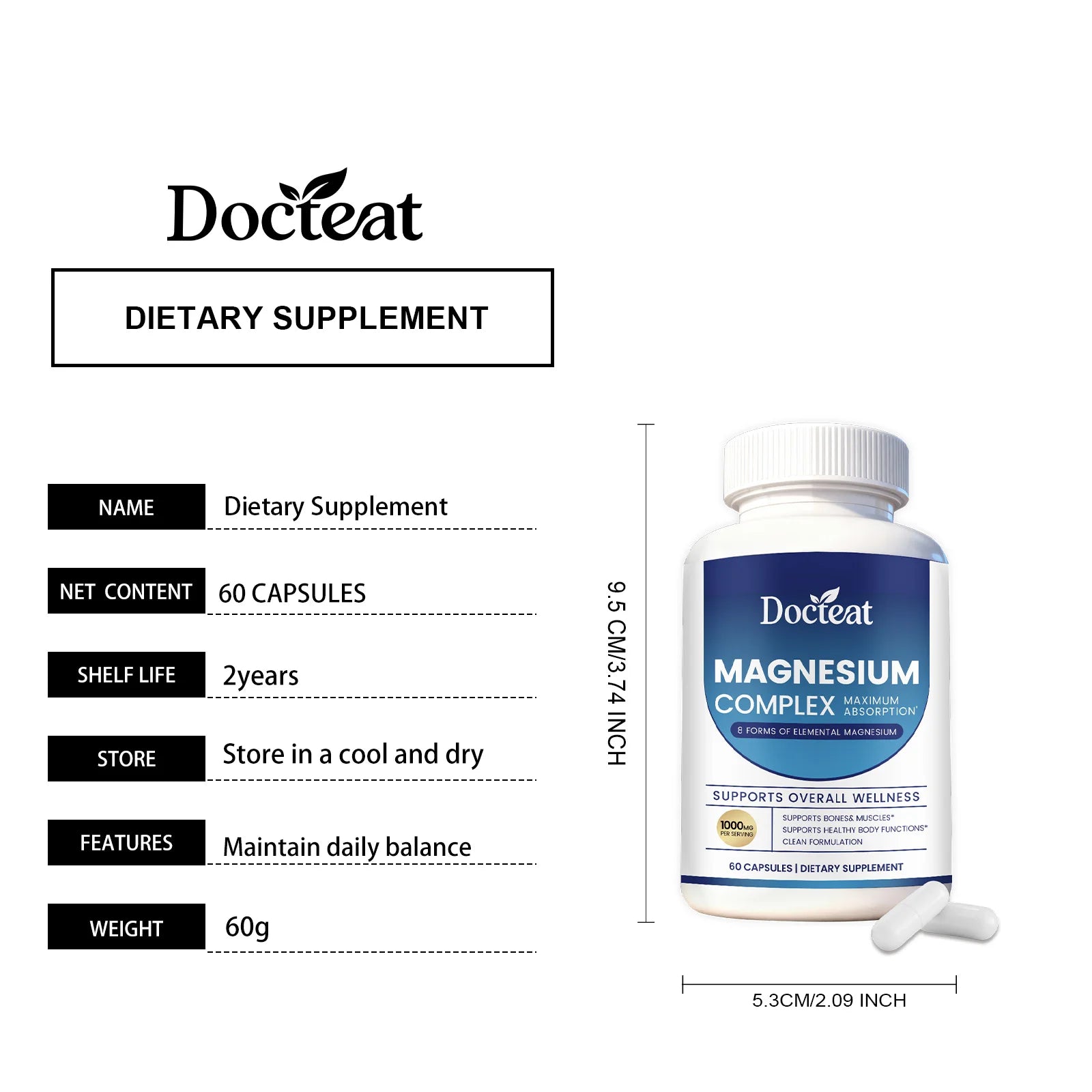 Docteat Magnesium Complex Capsules 1000mg - 8 Forms of Elemental Magnesium for Bones, Muscles & Body Functions, 60 Vegan Count