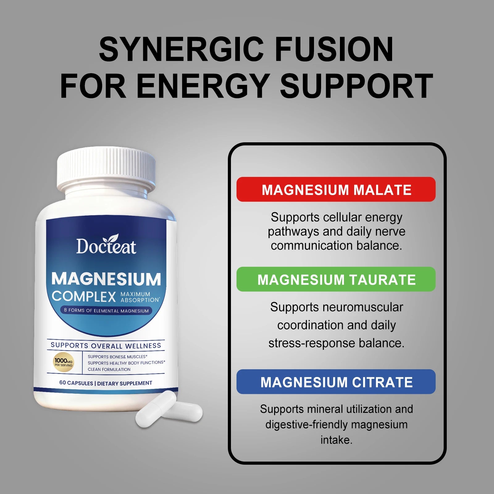 Docteat Magnesium Complex Capsules 1000mg - 8 Forms of Elemental Magnesium for Bones, Muscles & Body Functions, 60 Vegan Count