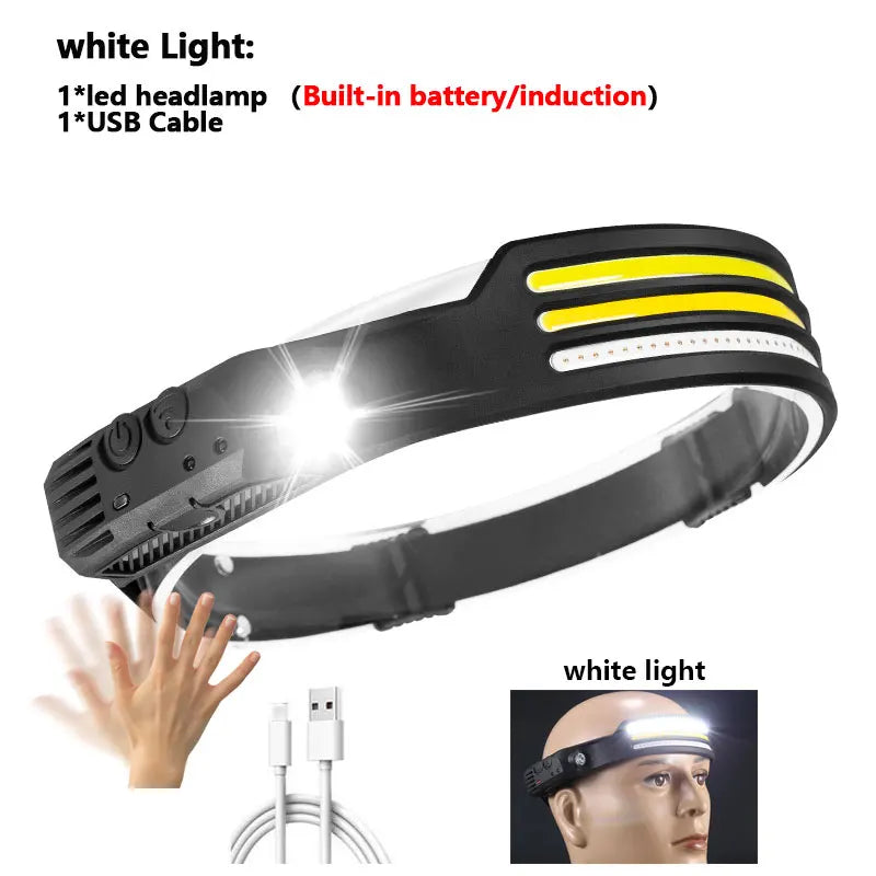 LED+COB Sensor Headlamp USB-C Rechargeable Headlight 10 Modes Built-In Battery Outdoor Induction Work Light  Waterproof Fishing
